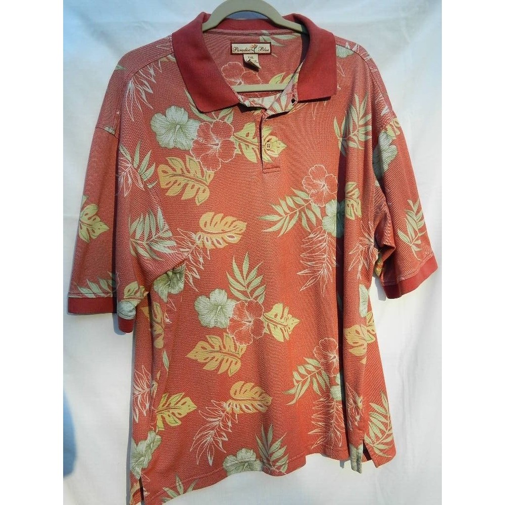 Paradise Blue Hawiian/Tropical Polo Shirt Mens XXL SS Flowers & Palm Leaves